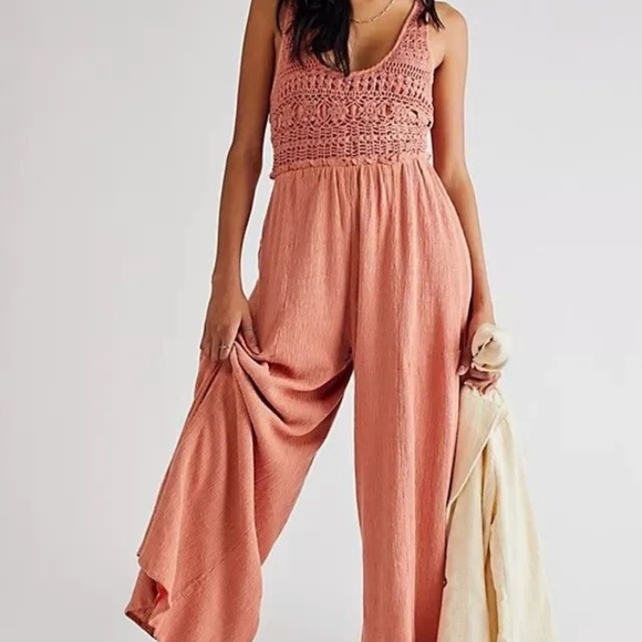Free People Soleil Pink Crochet Gauze Sleeveless Jumpsuit, Small